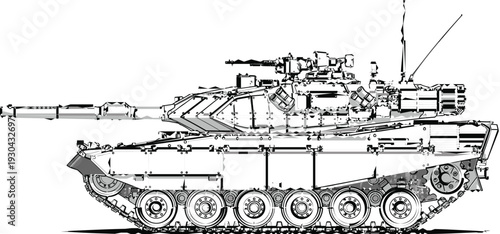 Detailed modern military tank side view illustration, realistic line art vector showing armored combat vehicle design for defense, technology, and editorial concepts
