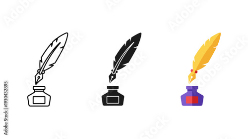 Quill pens with ink bottles isolated on white background for writing creativity and vintage calligraphy