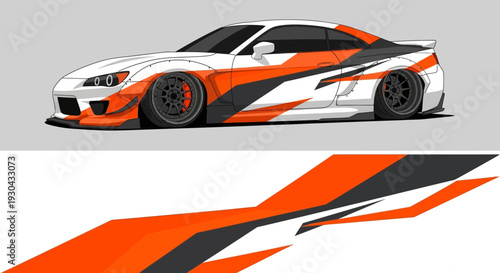 Sleek orange and black race car with dynamic graphic stripes and aerodynamic styling.