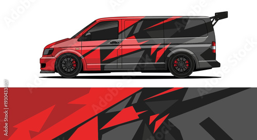Stylized red and black geometric van with bold patterns and dynamic design.