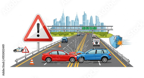 Cars on Highway with Warning Sign.