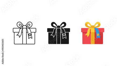 Three stylish gift boxes with decorative ribbons isolated on white background for holidays and celebrations