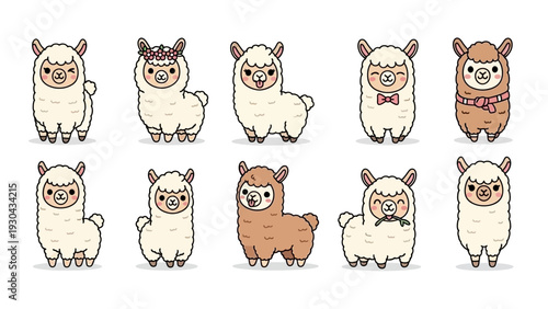 Cartoon Alpacas Different Emotions Expressions Faces.