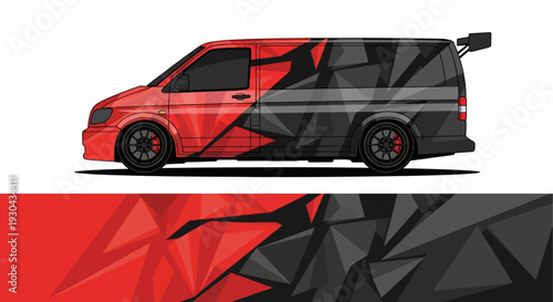 Geometric Red and Black Van Artwork with Dynamic Lines and Shapes.