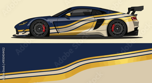Stylized race car illustration with dynamic blue and gold stripes and bold design.