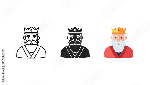 Three cartoon kings crowns royalty leadership hierarchy vector illustration isolated white background minimalist design
