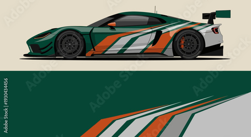 Sleek green and orange race car illustration with bold white stripes and aerodynamic design.