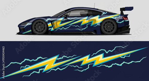 High-speed race car with neon lightning graphics and bold blue-yellow livery.