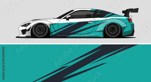 Stylized teal and white racecar illustration with bold graphic elements and dynamic motion.