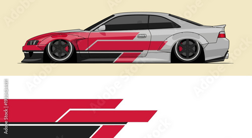 Illustrated white and red race car with bold graphics and stripes.