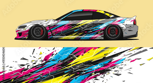 Vibrant Multicolor Sports Car with Paint Splash Artful Design and Dynamic Motion.