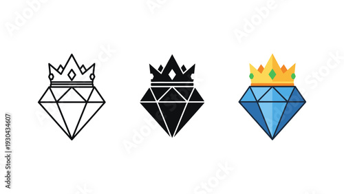 3D crown icons set with gold, black, and gemstone designs for royalty, success, and leadership concepts