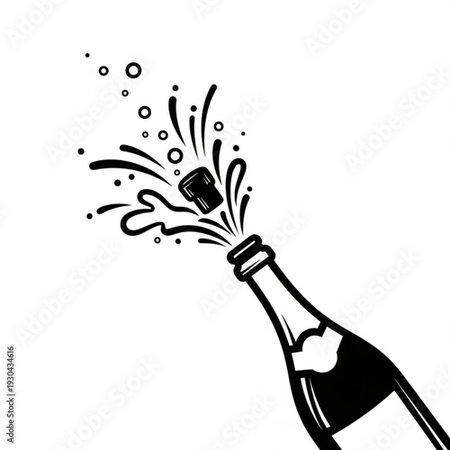 A black and white vector graphic illustration of a champagne bottle being opened with the cork popping off and bubbles splashing out