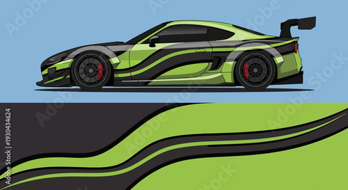 Bright green race car with sleek design and bold detailing on a blue background.