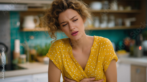 Witty illustration highlighting the discomfort of food poisoning concept with a distressed person holding their stomach in a chaotic kitchen setting. Bright colors clash with disturbing elements