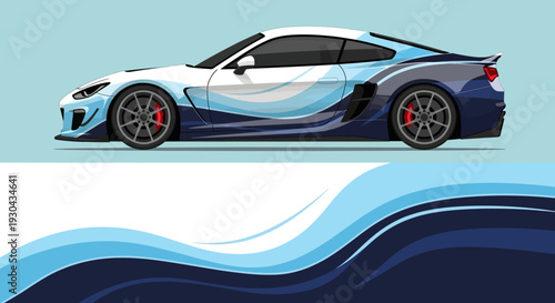 Sleek blue sports car with dynamic white and blue wave motif against a teal background.