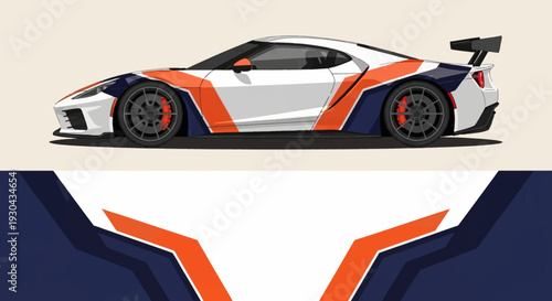 Sleek white orange blue race car design for high speed performance and racing imagery.