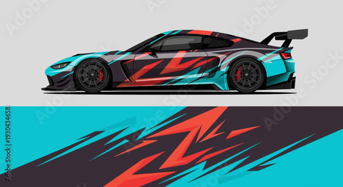 Dynamic blue and red race car with bold geometric graphics in profile view.