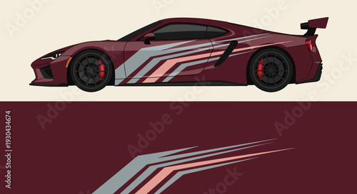 Sleek red sports car silhouette with dynamic racing stripes and modern graphic design illustration.