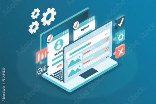 Flat vector illustration of a tablet PC with social media and network icons representing technology, communication, business marketing, and mobile internet connection