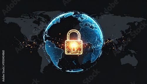 Digital Rendering of Earth with Glowing Padlock Symbol Representing Cybersecurity Global Data Protection and Secure Digital Infrastructure