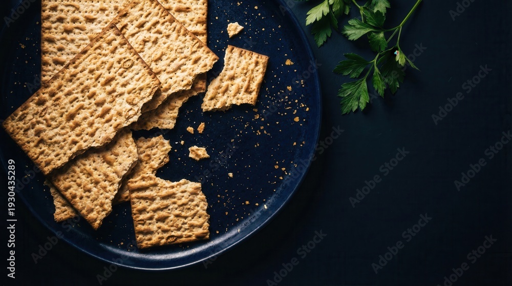Fototapeta premium Overhead view of matzah crackers on a dark plate with parsley, symbolizing Passover.
