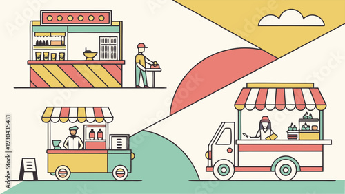 Street food trucks and market stalls flat vector illustration set against a geometric landscape for small business commerce and retail marketing concepts.