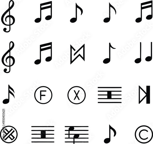 Music notes and symbols icons set featuring treble clefs and musical notation elements arranged in a minimalist grid layout for creative design projects.