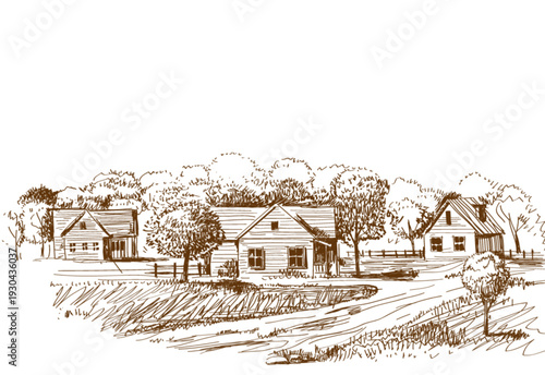 Rural landscape illustration featuring houses, trees, and a winding path, viewed from a distance in a serene environment 1772021751295.eps
