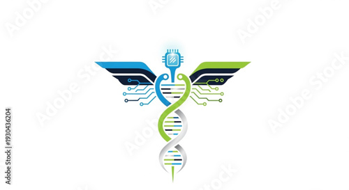 Genetic engineering symbol with circuit board wings and dna helix representing biotechnology innovation and medical technology