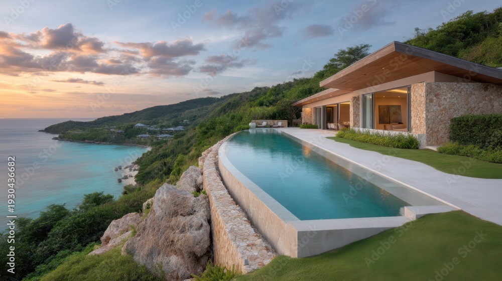 Fototapeta premium Breathtaking luxury villa with infinity pool overlooking serene ocean at sunset, nestled on a scenic hillside with lush greenery and stunning views