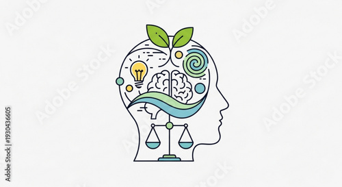 A creative mind with a lightbulb leaves and scales symbolizing innovation growth and balance