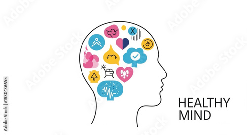 Healthy mind concept with colorful brain icons and positive thoughts in a human head silhouette