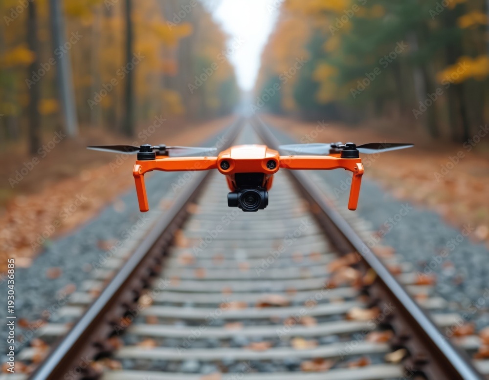 Naklejka premium Orange drone flies low over train tracks in an autumn forest. Flying camera monitors railway line. Unmanned aerial vehicle inspects transport infrastructure.