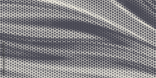 Triangular Halftone Texture Retrowave Vector Geometric Technology Abstract Background. Half Tone Triangles Retro Colored Pattern.