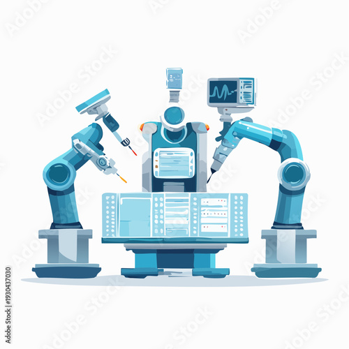 Robotic arms working together on a computer with various tools and screens in an industrial setting