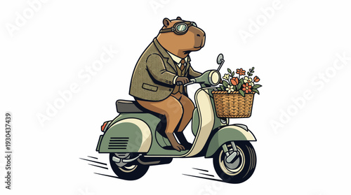 Dapper capybara in a suit and sunglasses riding a classic scooter adorned with a basket of fresh flowers, a whimsical and charming illustration of animal leisure