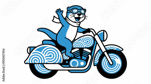 A blue otter with a scarf and goggles rides a motorcycle with a decorative pattern on the side