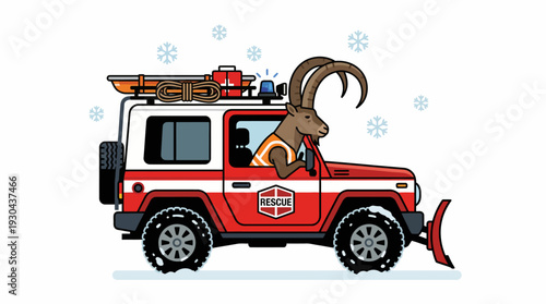A determined ibex mascot drives a powerful red and white winter rescue vehicle with a snowplow, braving falling snow to assist mountain emergencies