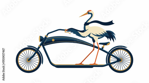 Whimsical Crane Riding a Custom Motorcycle with a Scarf in a Humorous Cartoon Style