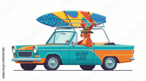 Illustration of a kangaroo wearing sunglasses driving a vintage car with a surfboard on the roof, embodying a carefree surf lifestyle