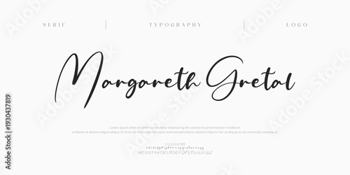 Margareth Gretal, Script luxury wedding alphabet letters font with tails. Typography elegant classic serif fonts and number decorative vintage retro concept for logo branding. vector illustration
