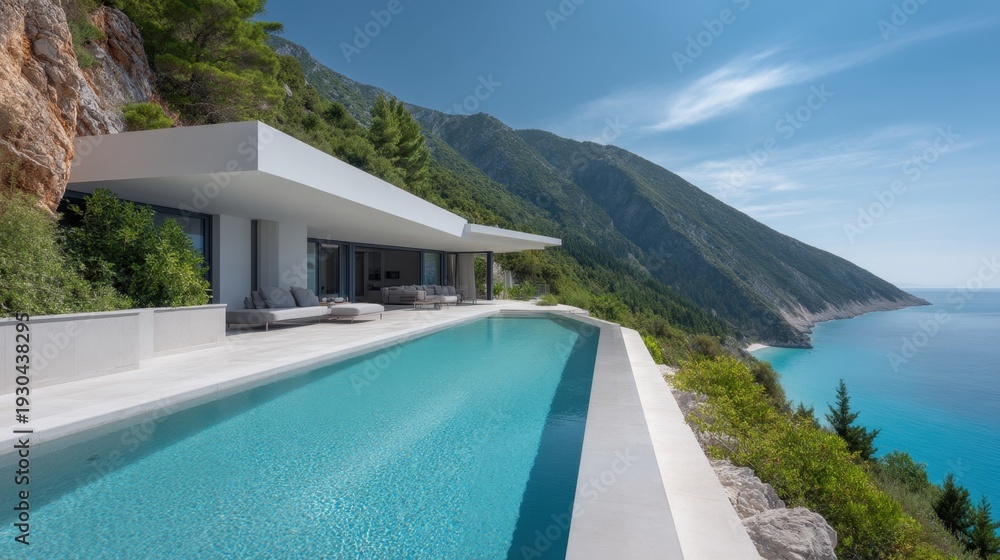 Fototapeta premium Modern Coastal Villa with Infinity Pool Overlooking Mountain Landscape and Ocean Blue Waters on a Sunny Day in a Picturesque Setting