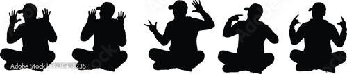 Set of black silhouettes of a young man wearing a baseball cap sitting cross-legged while showing various hand gestures and finger signs on white background