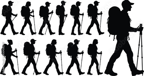 Collection of hiker silhouette set with backpack and trekking poles isolated on white background, outdoor adventure walking poses, camping and mountaineering vector illustration