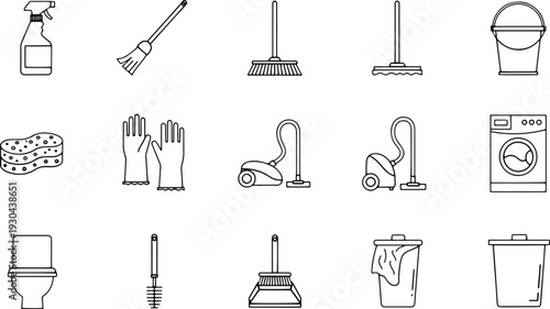 Collection of Cleaning Supplies and Tools Icons.