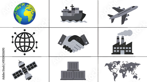 Grid of global economics and industry icons representing international trade and commerce on a white background in a 3x3 grid