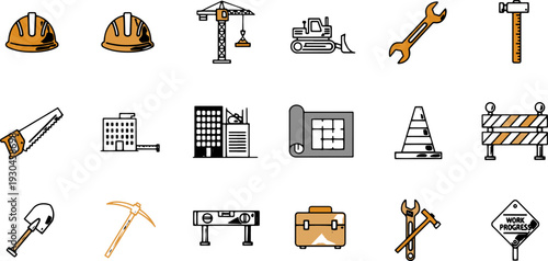Collection of Construction Tools and Equipment Icons.