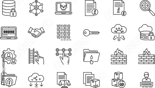 Cyber Security and Data Protection Line Icon Set Featuring Cloud Safety, Firewall, Password Access, Encryption, Network Privacy, Hacker Defense, and Connectivity