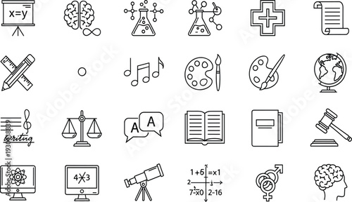Education and Science Line Icon Set Featuring Mathematics, Chemistry, Physics, Biology, Astronomy, Fine Arts, Music, Literature, Law, and Global Academic Symbols